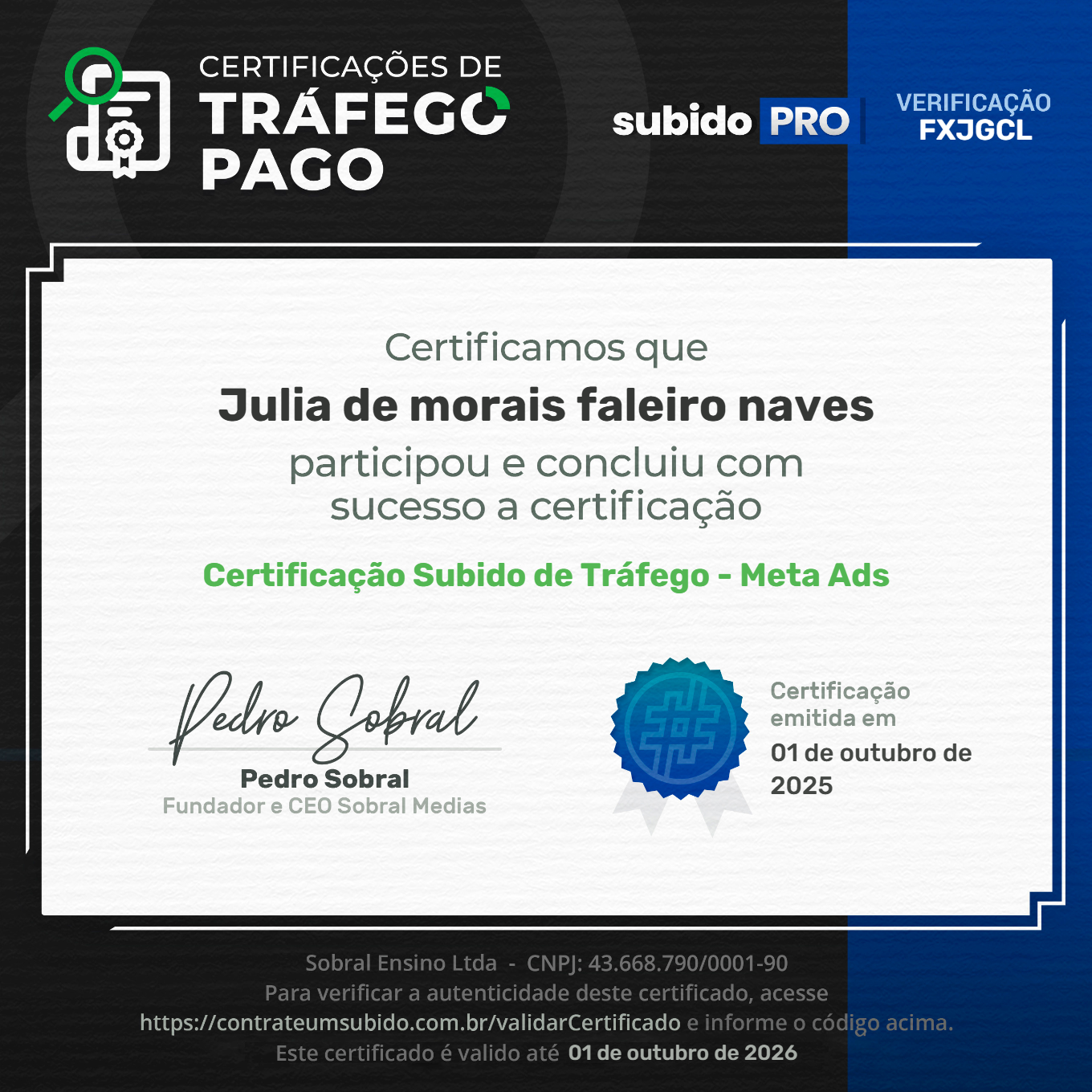 Certificado Meta Ads · Júlia Naves